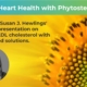 text: Unlock Heart Health with Phyosterols, Watch Dr. Susan J. Hewlings' recorded presentation on reducing LDL cholesterol with plant-based solutions. | pictured: photo of Dr. Susan J. Hewlings, macro close-up of flower pistils, Vitafoods Europe logo