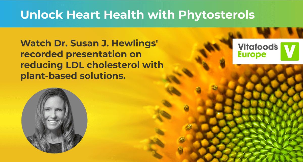 text: Unlock Heart Health with Phyosterols, Watch Dr. Susan J. Hewlings' recorded presentation on reducing LDL cholesterol with plant-based solutions. | pictured: photo of Dr. Susan J. Hewlings, macro close-up of flower pistils, Vitafoods Europe logo